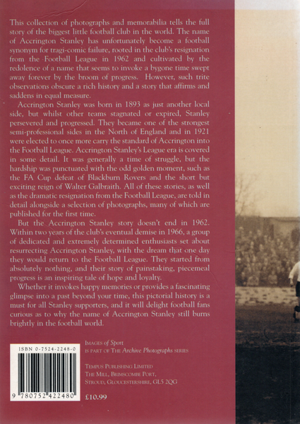 Back cover Accrington Stanley Football Club pictorial history featuring historic photographs of Cobblers players and supporters.